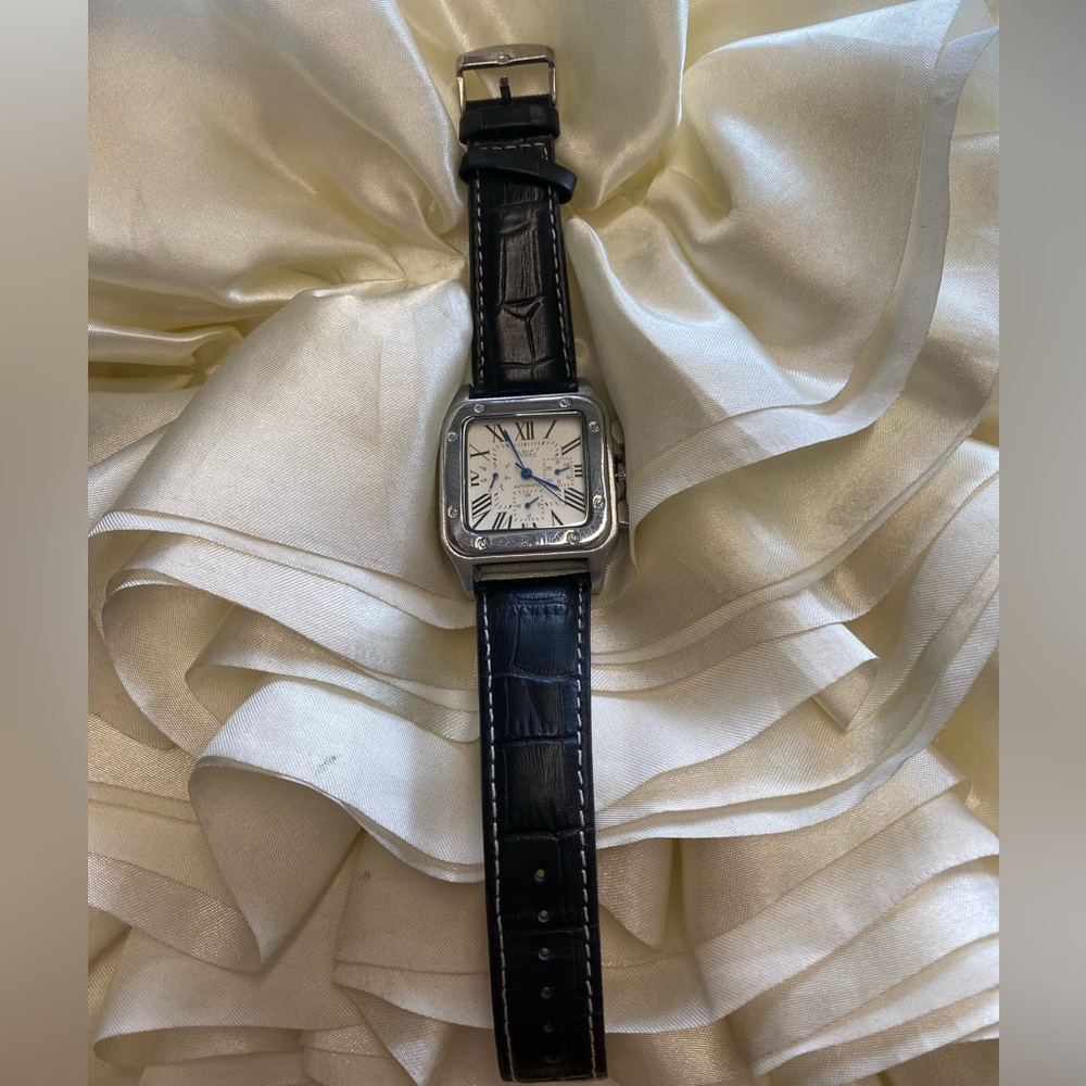 Black Leather Strap Silver Watch